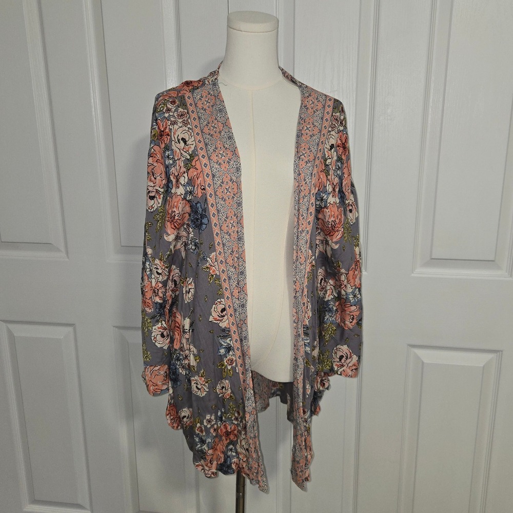 Angie Kimono Cardigan Womens Large Grey Floral Geometric Open Front Boho Layer